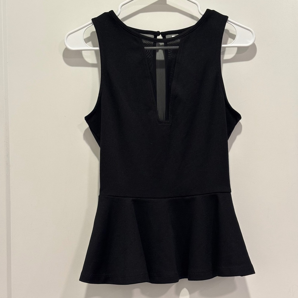 GUESS Womens Black Sleeveless Mesh V-Neck Peplum Top Size XS